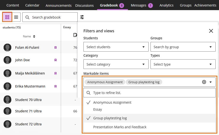 Screenshot of Gradebook Grid filter