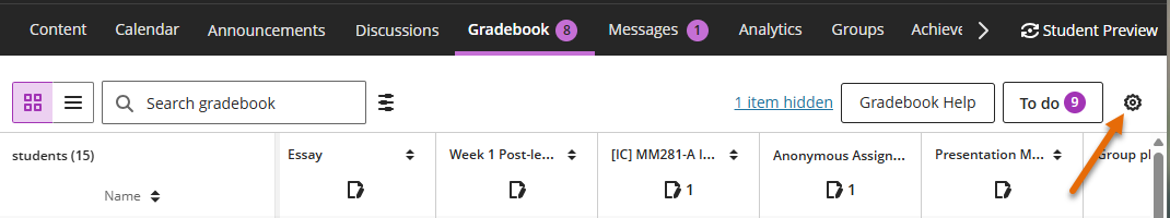 Screenshot of settings cog in Gradebook