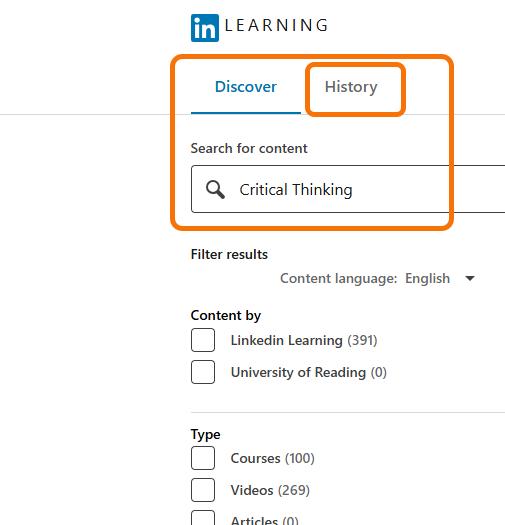 Showing the discovery search for courses and where to change to the History option for previous courses.