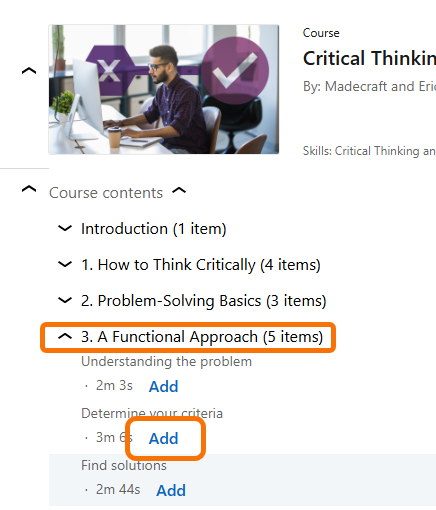 Showing the sections of the course and the Add section button for Blackboard