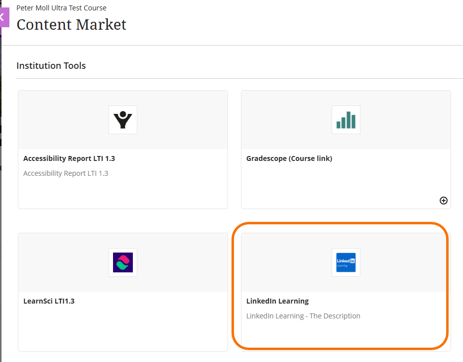 Blackboard content market highlighting the Linkedin Learning tool.
