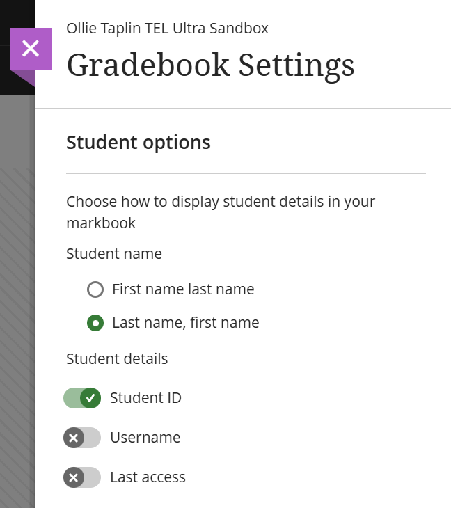 screenshot showing the student options menu
