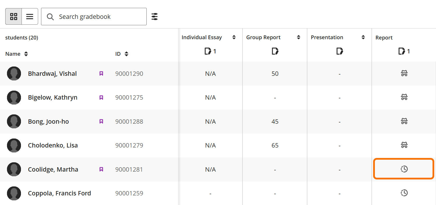 screenshot showing the clock icon in the gradebook 