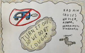 Poster drawn by a child about the effects of air pollution on schoolchildren