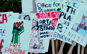 Placards with political statements painted and printed on