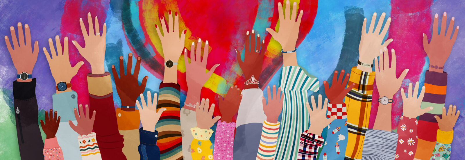 Group of diverse people with arms and hands raised towards a hand painted heart.