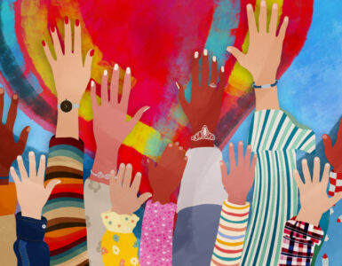 Group of diverse people with arms and hands raised towards a hand painted heart.