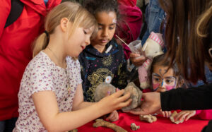 Three children looking at a fossil