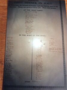 A photo showing the list of people who attended the first dinner at Wantage Hall