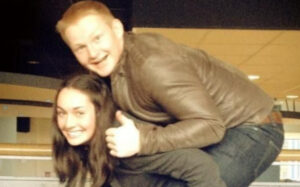 Andree giving Ed a piggy-back on campus. 