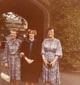 Gill's Mum and Aunt with her on graduation day in front of Wantage gate.
