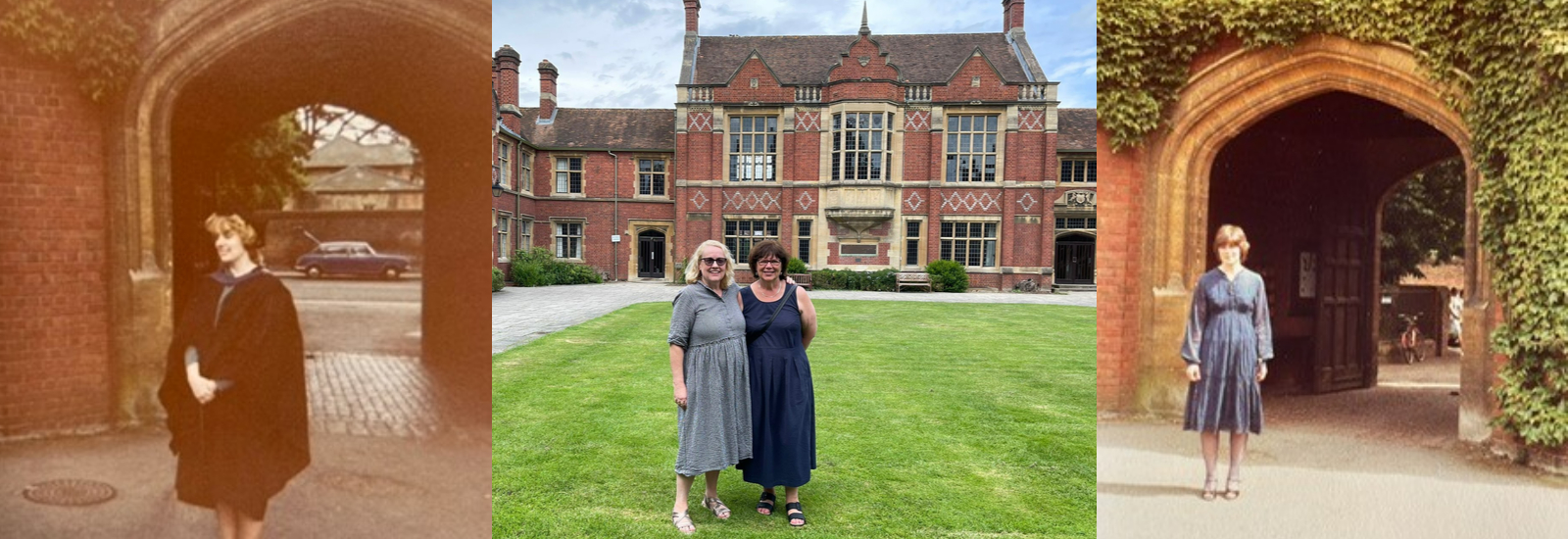 Gill & Liz at Wantage Hall in 2023 and on graduation day in 1981