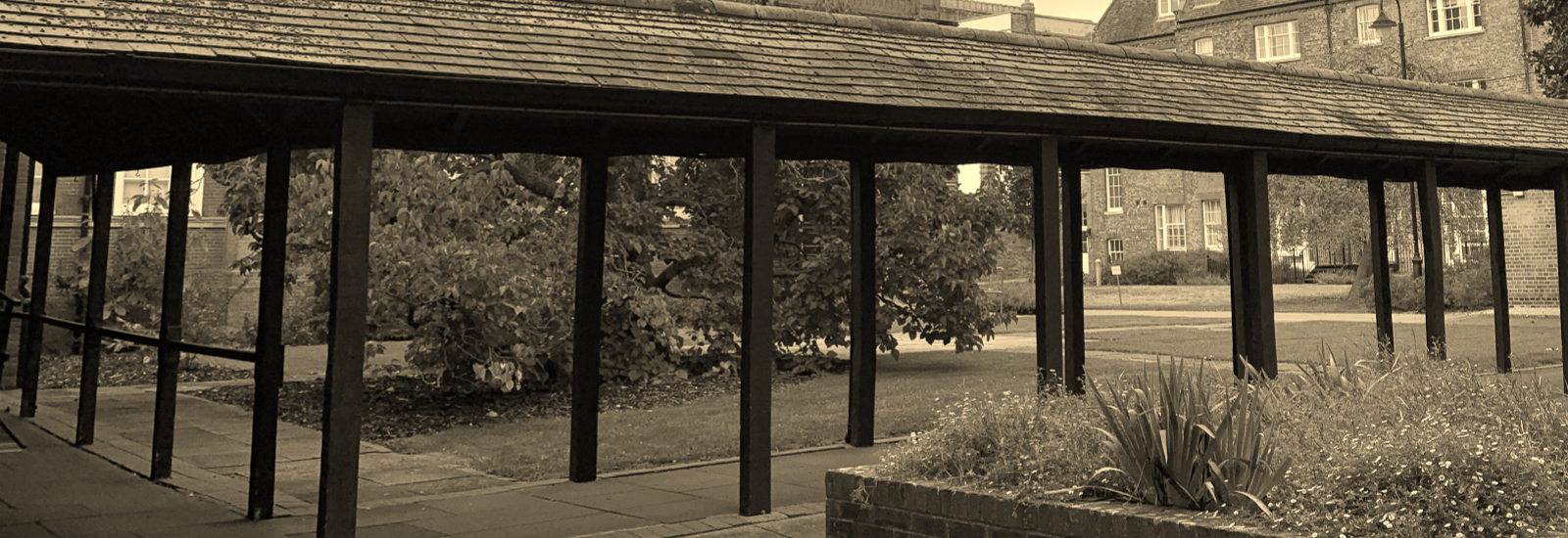 London Road cloisters in sepia