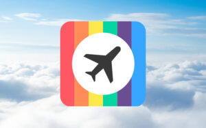 LGBT Travel Tool graphic showing an aeroplane on  rainbow stripes