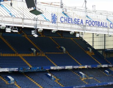 Inside Chelsea Football Ground looking across the stadium at a stand of seats