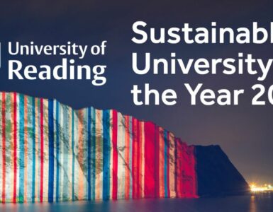 The climate stripes projected onto the White Cliffs of Dover with a textbox saying Sustainable University of the Year