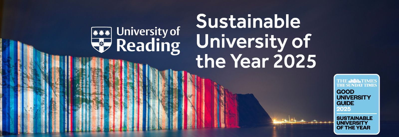 The climate stripes projected onto the White Cliffs of Dover with a textbox saying Sustainable University of the Year