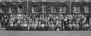 Black and white image of Alan and the entire cohort on Whiteknights Campus