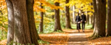 A couple walking amongst autumn leaves