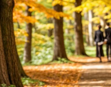 A couple walking amongst autumn leaves