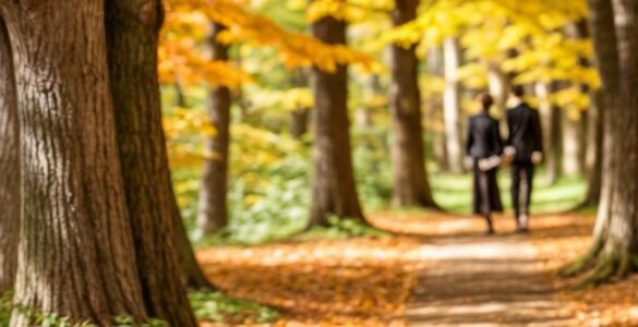 A couple walking amongst autumn leaves