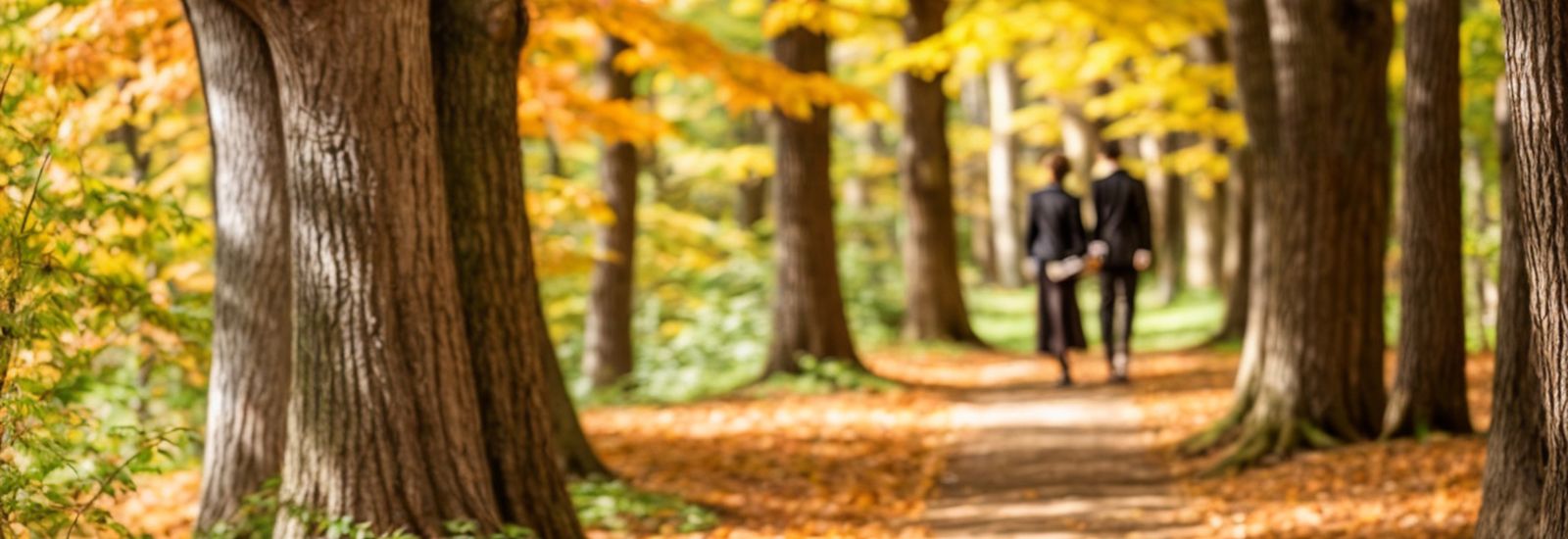 A couple walking amongst autumn leaves