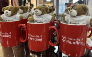 A range of merchandise for sale - teddies in mugs - at the University of Reading Merch Store.