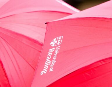 Red umbrellas with the University of Reading logo on