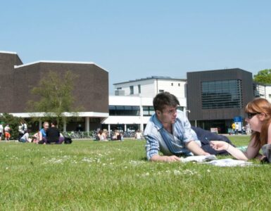 Students sitting on the field outside Palmer Building
