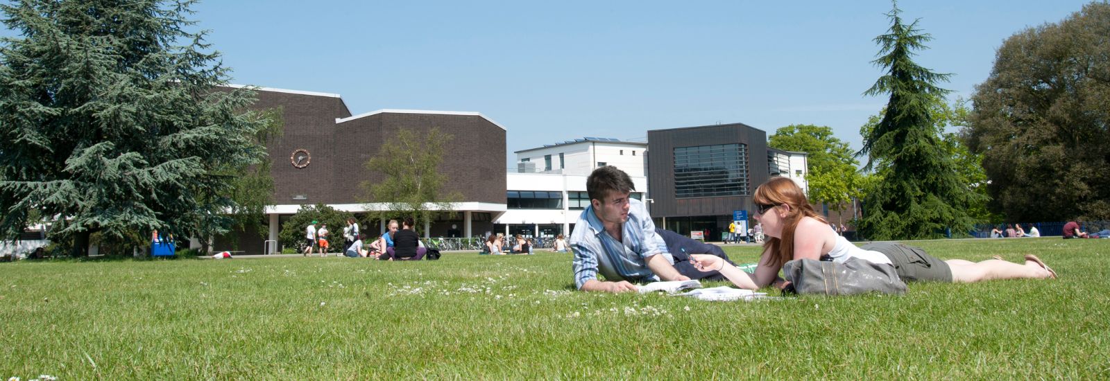 Students sitting on the field outside Palmer Building