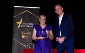 Linda with the Chancellor receiving her award
