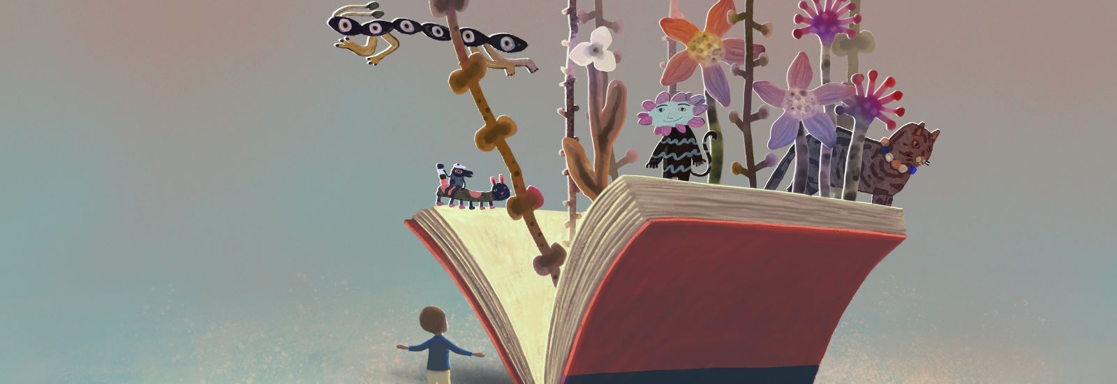 Book with imaginative story coming out of the pages