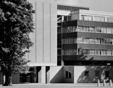 Greyscale photo of the University library in the past