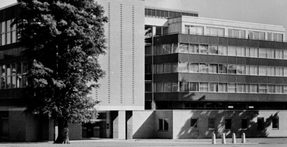 Greyscale photo of the University library in the past