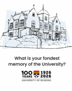 Line drawing of a university building with the text What is your fondest memory of the university?