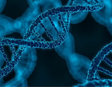 3D rendered illustration of DNA glowing molecule