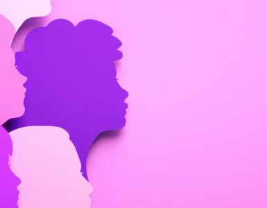 Outline of women's faces in shades of purple and pink