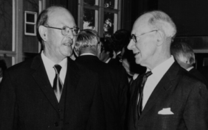 Black and white photograph of Baron Wolfenden, Vice-Chancellor, 1950-1963 with Sir Harry Pitt, Vice-Chancellor, 1964-1979 [Undated]