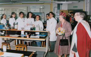 John Grainger with Queen Elizabeth II and students at the opening of the new Microbiology building at the University.