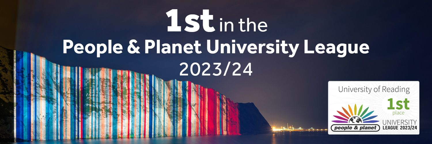 Climate stripes projected onto the White Cliffs of Dover to highlight the University of Reading being ranked 1 in the People and Planet league