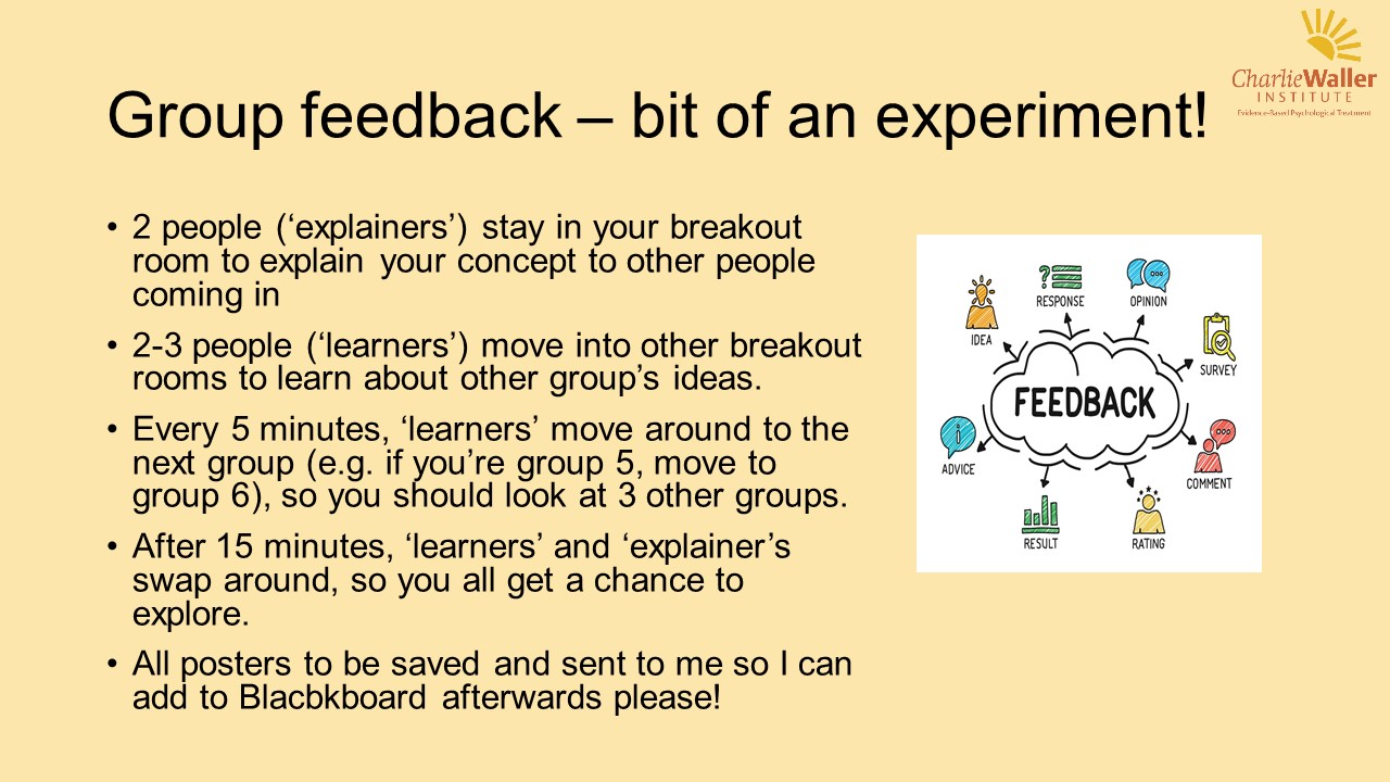 2 people ('explainers') stay in your breakout room to explain your concept to other people coming in 2-3 people ('learners') move into other breakout rooms to learn about other group's ideas. Every 5 minutes, 'learners move around to the next group (e.g., if you're group 5, move to group 6), so you should look at 3 other groups. After 15 minutes, 'learners' and 'explainers' swap around, so you all get a chance to explore a bit more. All posters to be saved and sent to me so I can add to BB afterwards please!