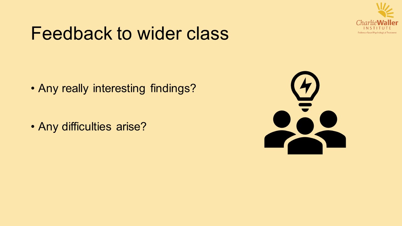 Feedback to wider class Any really interesting findings? Any difficulties arise?