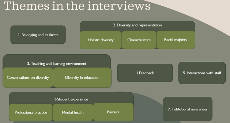 PowerPoint slide with the following text: Themes in the interviews 1. Belonging and its facets 2. Diversity and representation Holistic Diversity Characteristics Racial Majority 3. Teaching and learning environment Conversations on diversity Diversity in education 4.Feedback 5.Interactions with staff 6.Student experience Professional Practice Mental Health Barriers 7.Institutional awareness