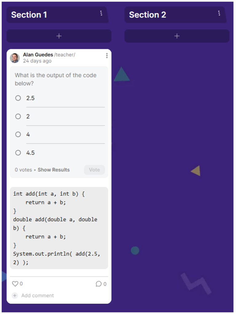 Screenshot of a coding question displayed in a two-section layout labeled “Section 1” and “Section 2.” Section 1 contains the same Java code snippet and multiple-choice question as Image 1. Section 2 is empty.