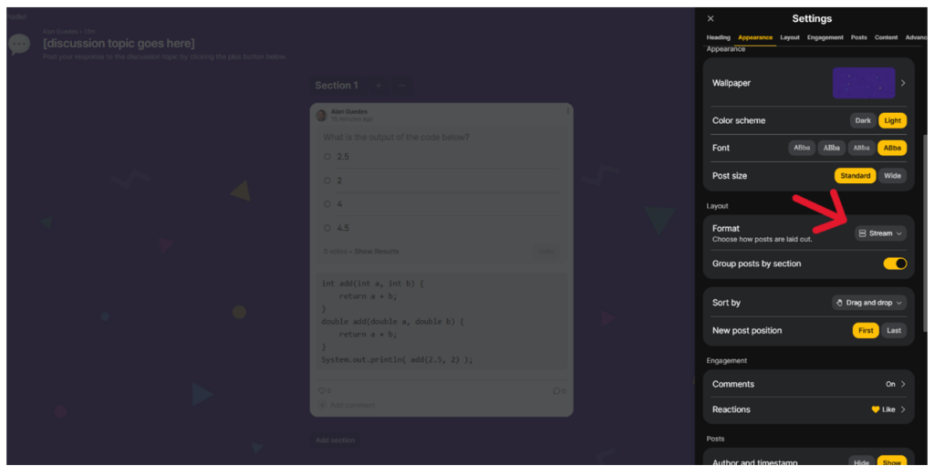 Screenshot of an application’s appearance settings. Options include wallpaper set to dark, color scheme set to light, font set to Alba, and post size set to standard. Layout format is set to “stream,” with an arrow indicating selection. Group posts by section is toggled on, sorting is set to drag and drop, and new posts appear first. Comments and reactions are enabled.