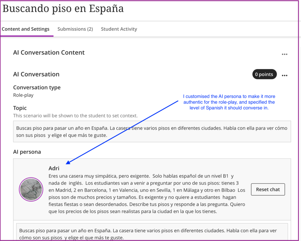 Screenshot of AI Conversation activity in Blackboard.