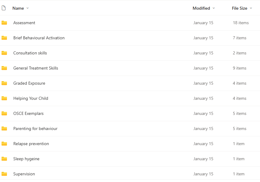 Screenshot of a SharePoint folder library showing video categories including Assessment, Consultation Skills, General Treatment Skills, and Supervision.