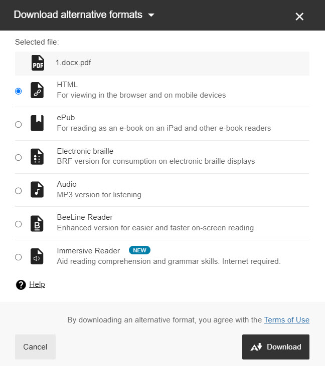 Screen Shot of Alternative Format choices.