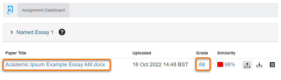 The Turnitin Assignment Dashboard click link on paper title or grade to open