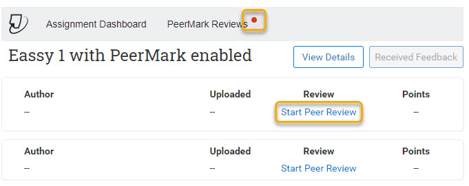 PeerMark Reviews page. The red alert icon is circled. It pulses when the PeerMark Review Date is reached. Start Peer Review link is also circled. 